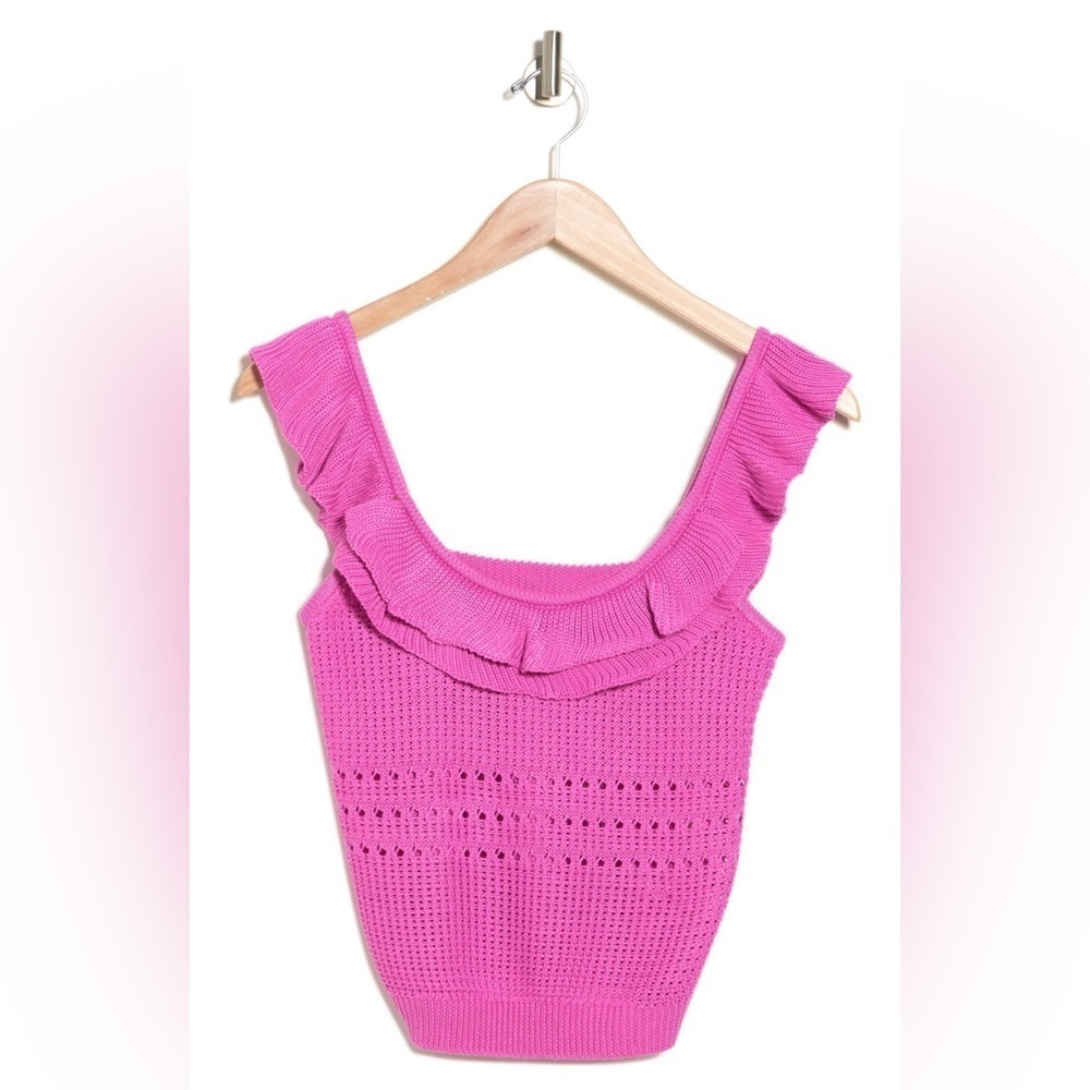 Kids LUSH RUFFLE CROP SCOOP NECK SLEEVELESS SWEATER TANK TOP IN VIVID PINK Med